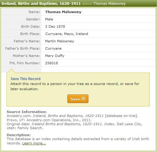 Thomas Maloney - Record of Birth.jpg - 1878 Thomas Malowney record of birth